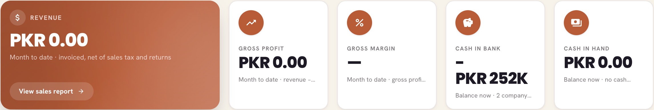 Dashboard tiles: revenue, gross profit, gross margin, cash in bank, cash in hand